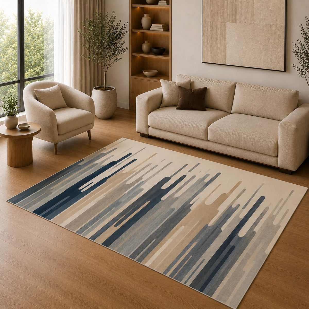 ICE ARMOR 5' x 7' Modern Abstract Drip Line Area Rug for Living Room, Soft Low Pile Indoor Rug with Non-Slip Silicone Backing, Decorative Carpet for Bedroom, Office, Family Room, Blue