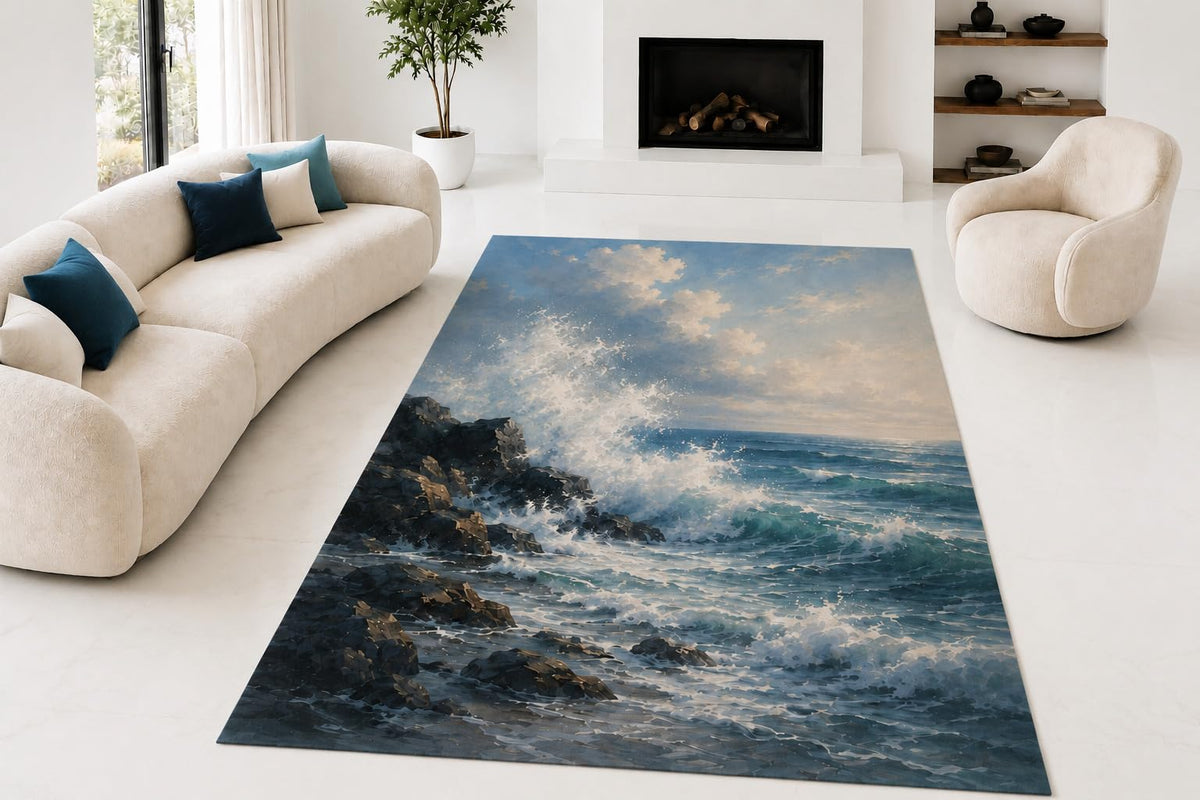 ICE ARMOR "Ultra Lightweight Large 6'7" x 9'10" Ocean Wave Surf Area Rug for Living Room, Bedroom and Home Office, Soft Low Pile Carpet with Non-Slip Silicone Backing, Blue and White