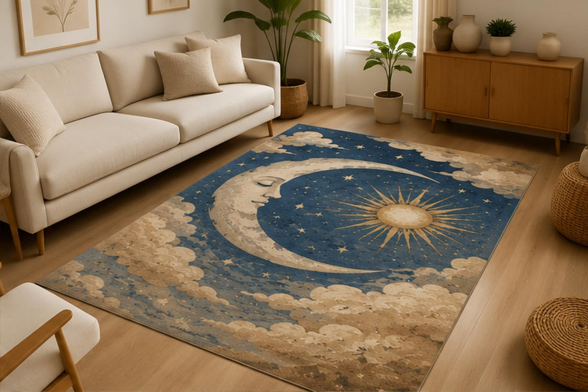 ICE ARMOR 5' x 7' Sun and Moon Celestial Area Rug Soft Low Pile Indoor Rug with Non-Slip Silicone Backing Modern Boho Decor Carpet for Living Room Bedroom Office Family Room Blue Beige