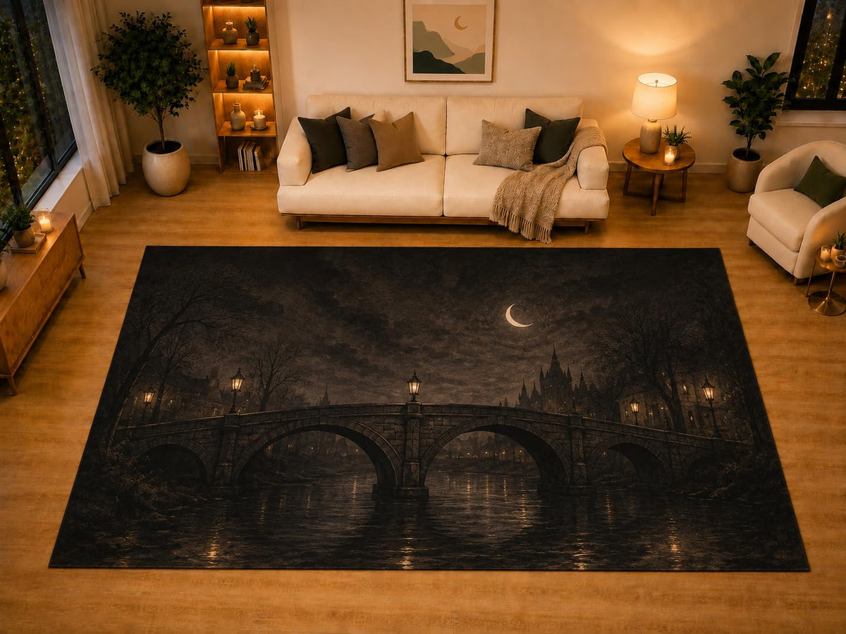 ICE ARMOR "Ultra Light Weight Large 6'7" x 9'10" Gothic Stone Bridge Crescent Moon Area Rug for Living Room Bedroom, Soft Low Pile Non-Slip Backing, Black Brown Victorian Night Decor
