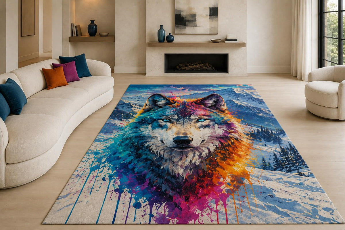 ICE ARMOR "Ultra Lightweight Large 6'7" x 9'10" Mountain Wolf Splash Area Rug for Living Room, Bedroom and Home Office, Soft Low Pile Carpet with Non-Slip Silicone Backing, Blue and Orange