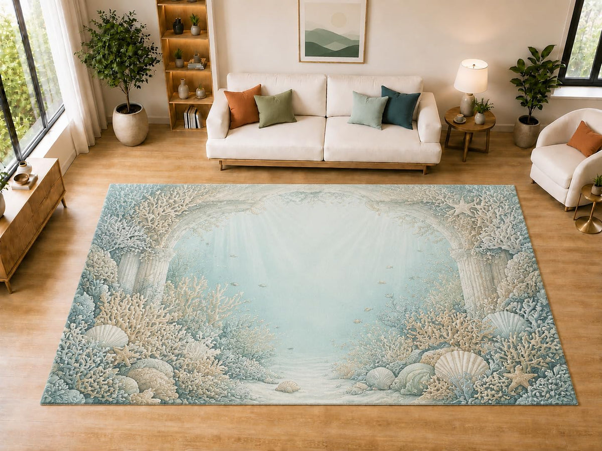 ICE ARMOR "Ultra Light Weight Large 6'7" x 9'10" Underwater Coral Arch Area Rug for Dining, Living Room, Bedroom, Soft Low Pile Indoor Rug with Non-Slip Silicone Backing, Aqua Cream
