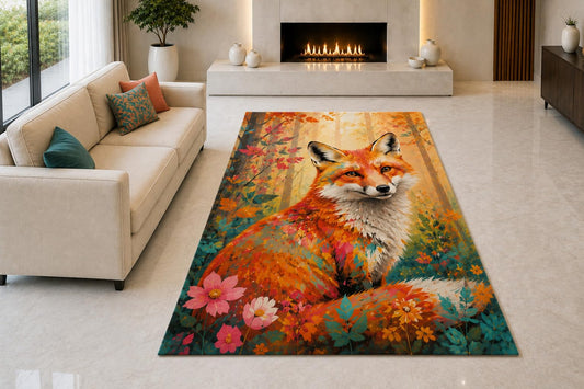 ICE ARMOR "Ultra Light Weight 5' x 7' Colorful Forest Fox Area Rug for Living Room, Bedroom and Home Office, Soft Low Pile Carpet with Non-Slip Silicone Backing, Orange and Teal