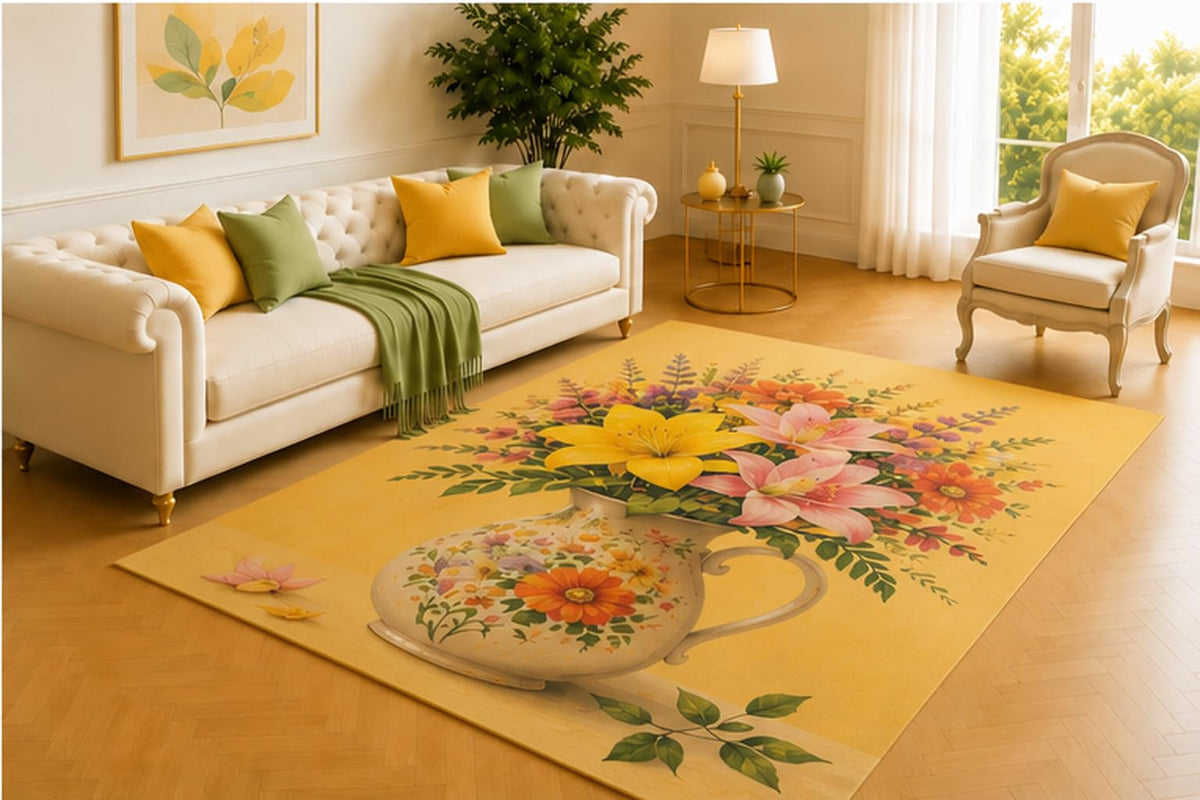 ICE ARMOR 5' x 7' Lily Pitcher Rug, Yellow and Blush Blooms in a Floral Jug on Warm Golden Ground, Cheerful Decor for Bedroom, Living Room, Studio or Hallway