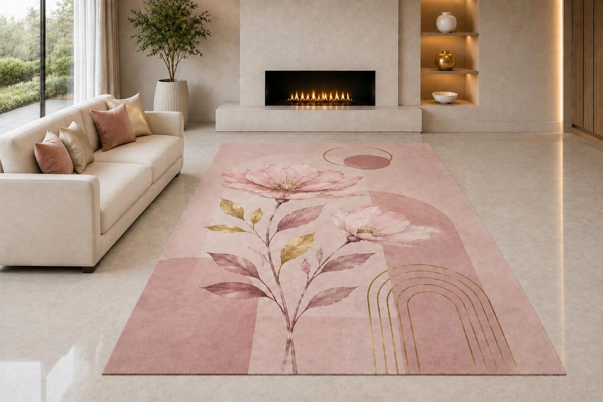 ICE ARMOR "Ultra Light Weight 5' x 7' Blush Flower Rainbow Area Rug for Living Room, Bedroom and Home Office, Soft Low Pile Carpet with Non-Slip Silicone Backing, Pink and Cream