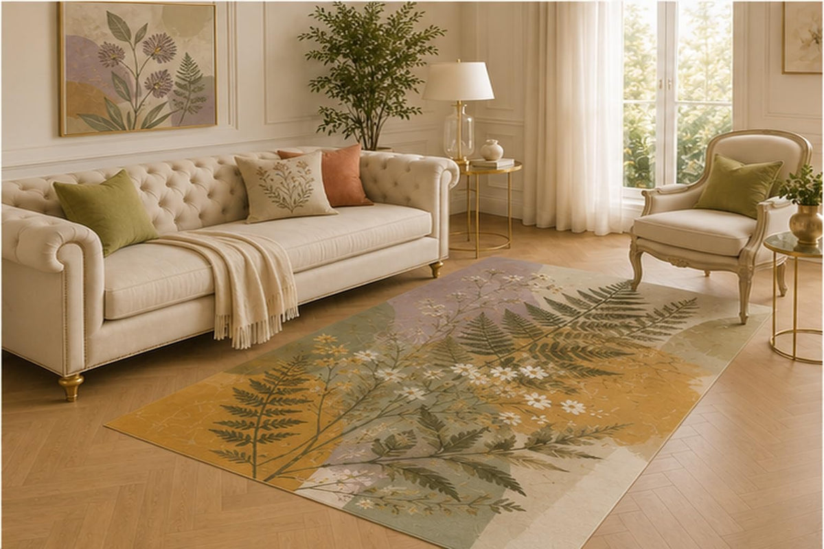 ICE ARMOR 5' x 7' Fern and Wildflower Botanical Area Rug for Living Room, Soft Low Pile Indoor Carpet with Non-Slip Backing for Bedroom, Dining Room, Office