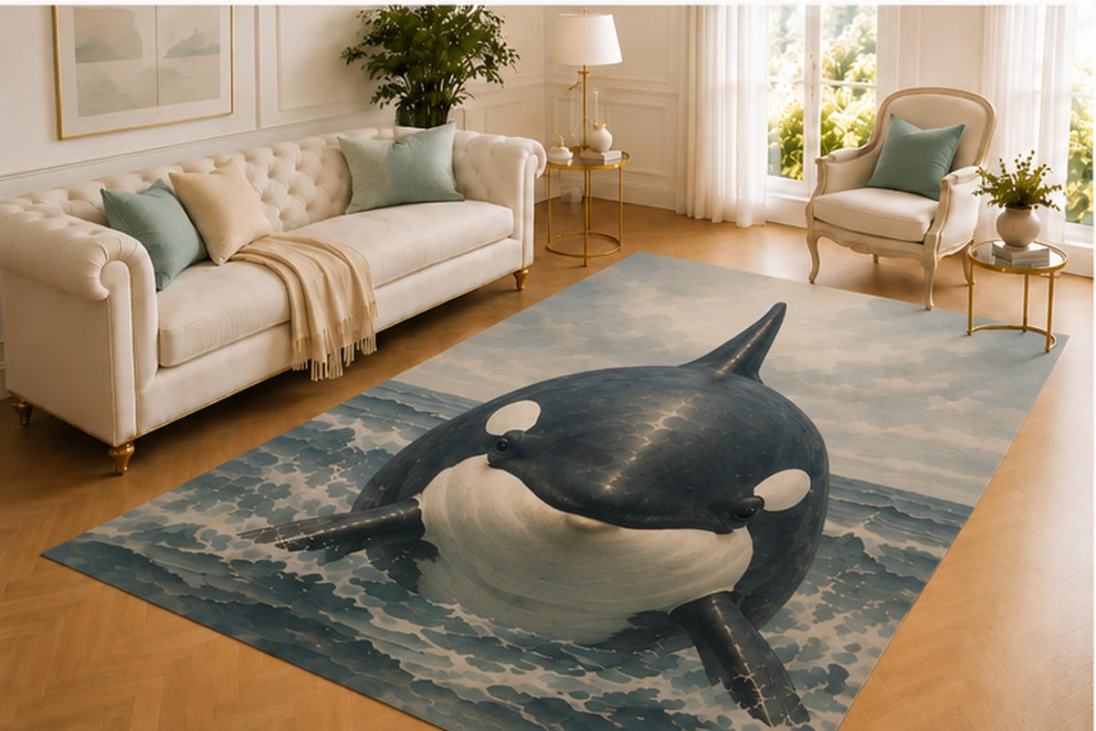 ICE ARMOR 5' x 7' Orca Rug, Striking Killer Whale in Rolling Ocean Waves, Smooth Printed Floor Cover for Living Room, Bedroom, Office and Nautical Decor