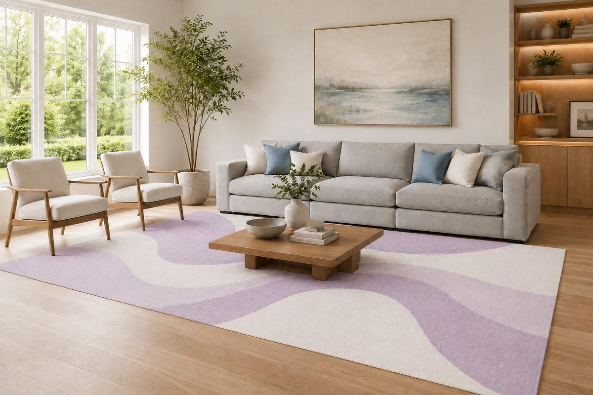 ICE ARMOR Large 6'7" x 9'10" Lavender and White Modern Wavy Design Area Rug for Living Room, Soft Low Pile Carpet with Non-Slip Silicone Backing, Decor for Bedroom and Home Office
