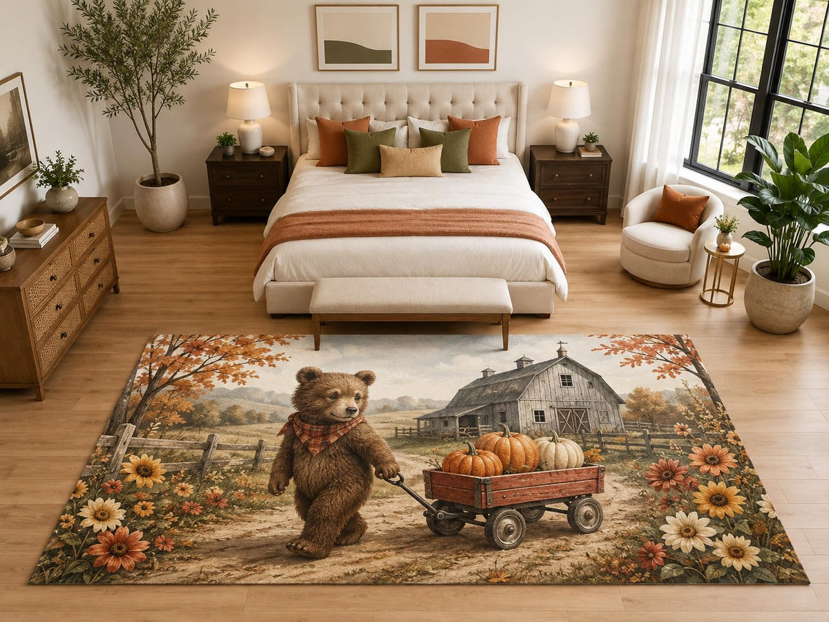 ICE ARMOR "Ultra Light Weight Large 6'7" x 9'10" Bear Pumpkin Wagon Area Rug, Soft Low Pile Indoor Rug, Non-Slip Silicone Backing, Kids Room, Brown