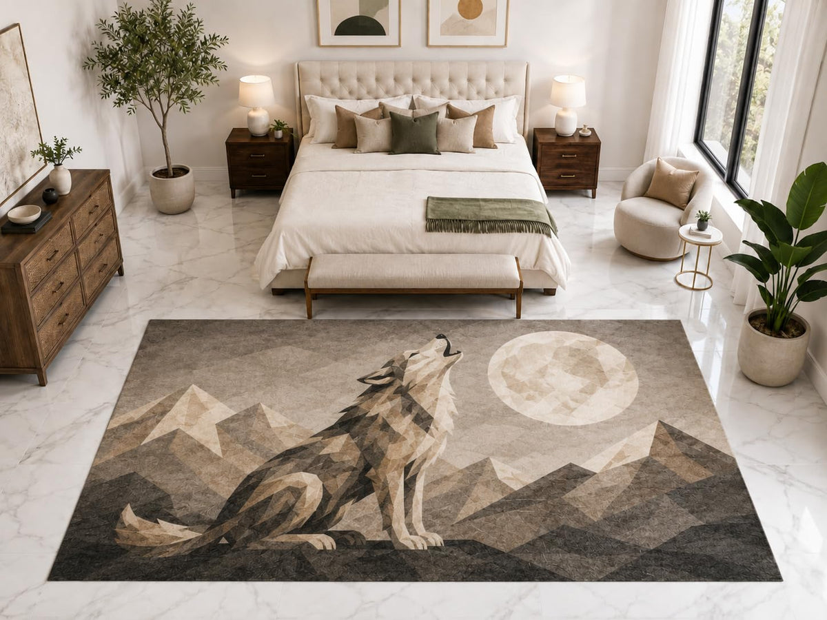 ICE ARMOR "Ultra Light Weight Large 6'7" x 9'10" Howling Wolf Moon Rug, Soft Low Pile Indoor Rug, Non-Slip Silicone Backing for Bedroom Gray Beige