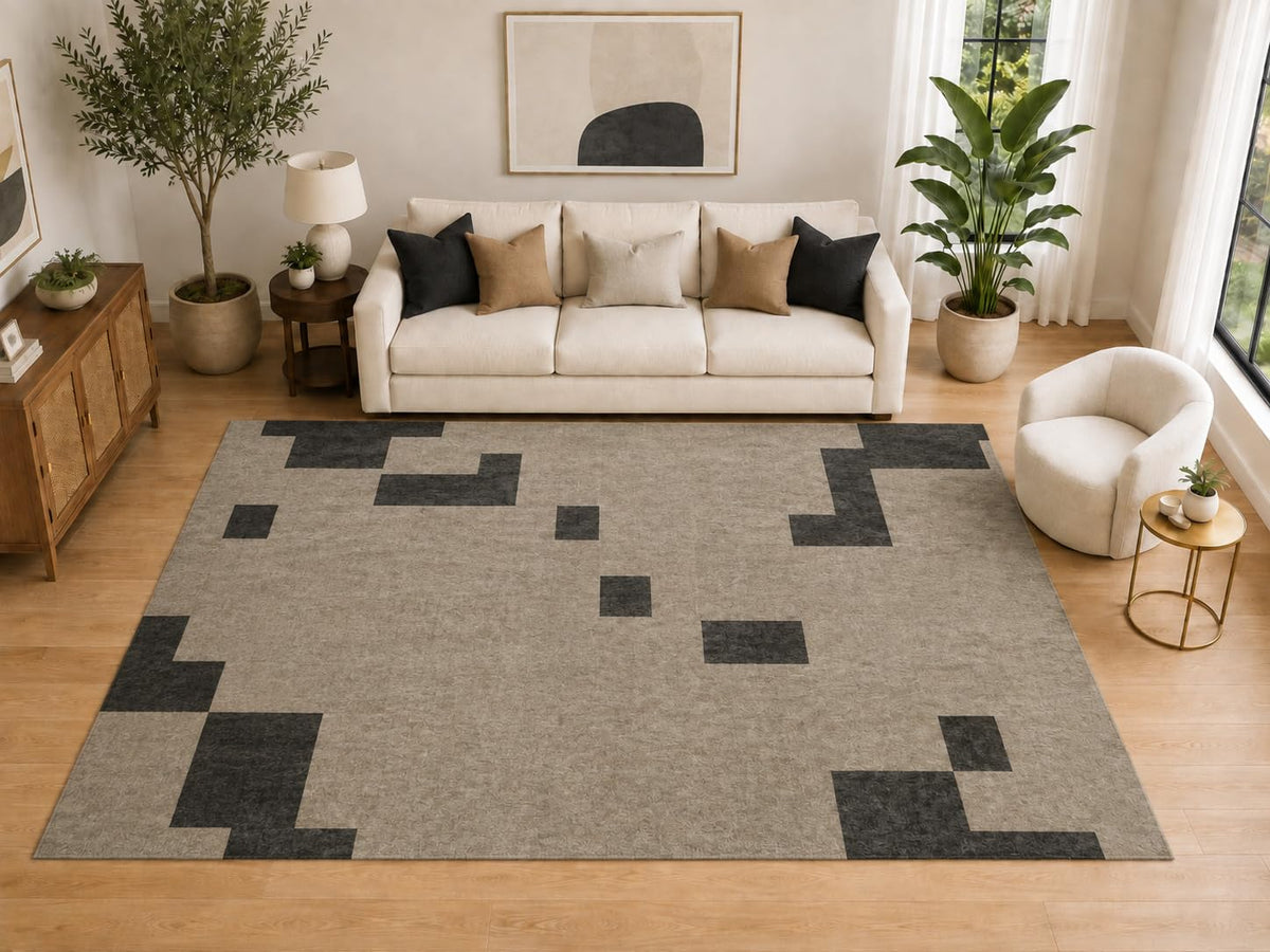 ICE ARMOR Large 6'7" x 9'10" Geometric Pixel Block Area Rug for for Bedroom, Living Room, Soft Low Pile Indoor Rug with Non-Slip Silicone Backing, Gray Charcoal