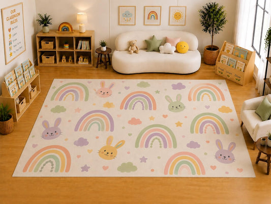 ICE ARMOR Large 6'7" x 9'10" Bunny and Rainbow Area Rug for Kids Room, Classroom, Bedroom, Playroom Decor, Soft Low Pile Indoor Rug with Non-Slip Silicone Backing, Pastel Multicolor