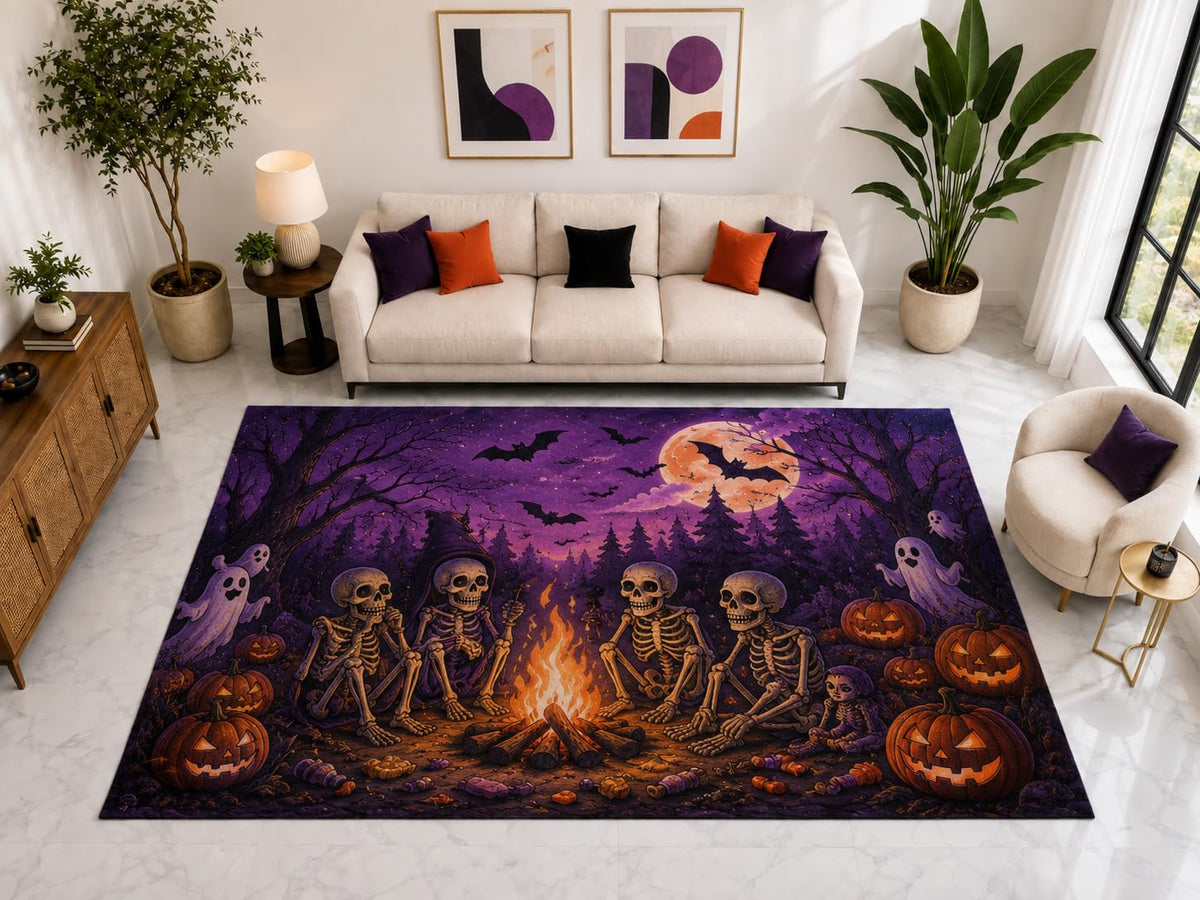ICE ARMOR "Ultra Light Weight Large 6'7" x 9'10" Skeleton Campfire Rug, Soft Low Pile Indoor Rug, Non-Slip Silicone Backing for Kids Room Purple