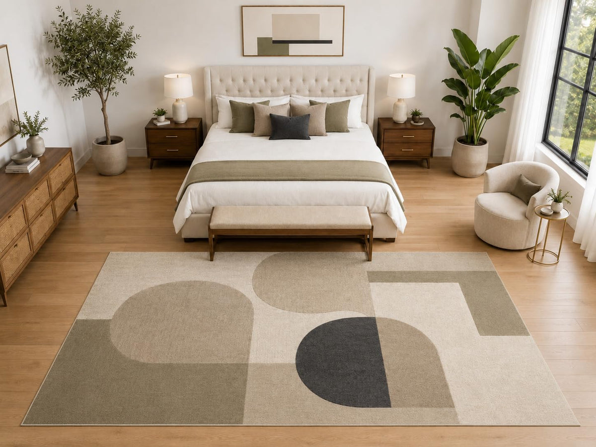 ICE ARMOR "Ultra Light Weight Large 6'7" x 9'10" Minimal Abstract Shapes Rug, Soft Low Pile Indoor Rug, Non-Slip Silicone Backing for Bedroom Beige