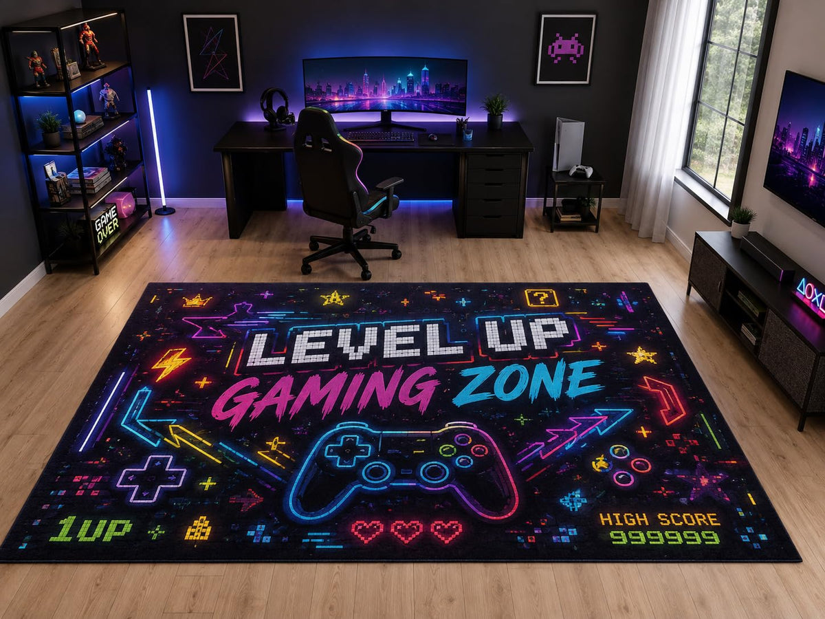 ICE ARMOR "Ultra Light Weight Large 6'7" x 9'10" Gaming Zone Area Rug for Kids Room Playroom Family Room, Soft Low Pile Indoor Rug, Non-Slip Silicone Backing, Black