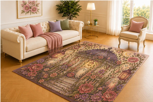 ICE ARMOR 5' x 7' Haunted Conservatory Rug, Dusty Rose Floral Gazebo with Ghosts, Lanterns and Crescent Moon, Elegant Halloween Floor Decor for Living Room or Bedroom