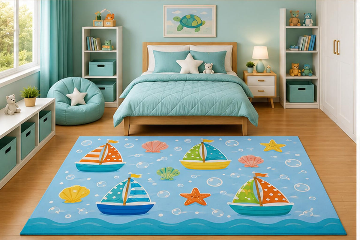 ICE ARMOR 5' x 7' Sailboat Seashell Pattern Area Rug for Kids Bedroom Nursery Playroom Scandinavian Minimalist Coastal Ocean Beach Decor Non-Slip Silicone Backing Low Pile