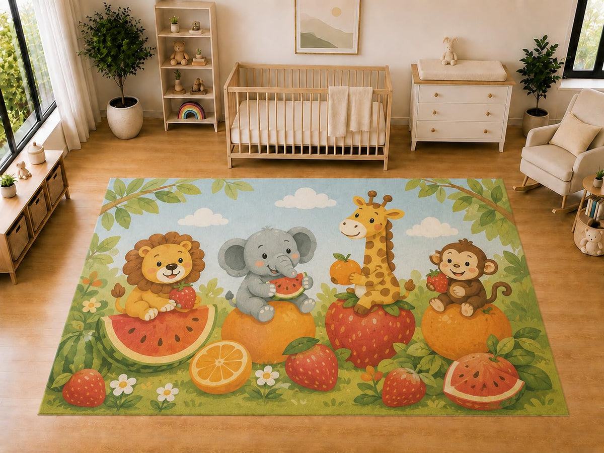 ICE ARMOR "Ultra Light Weight Large 6'7 x 9'10 Fruit Picnic Safari Animals Area Rug for Kids Room Nursery Playroom Soft Low Pile Indoor Carpet Cute Wildlife Floor Decor