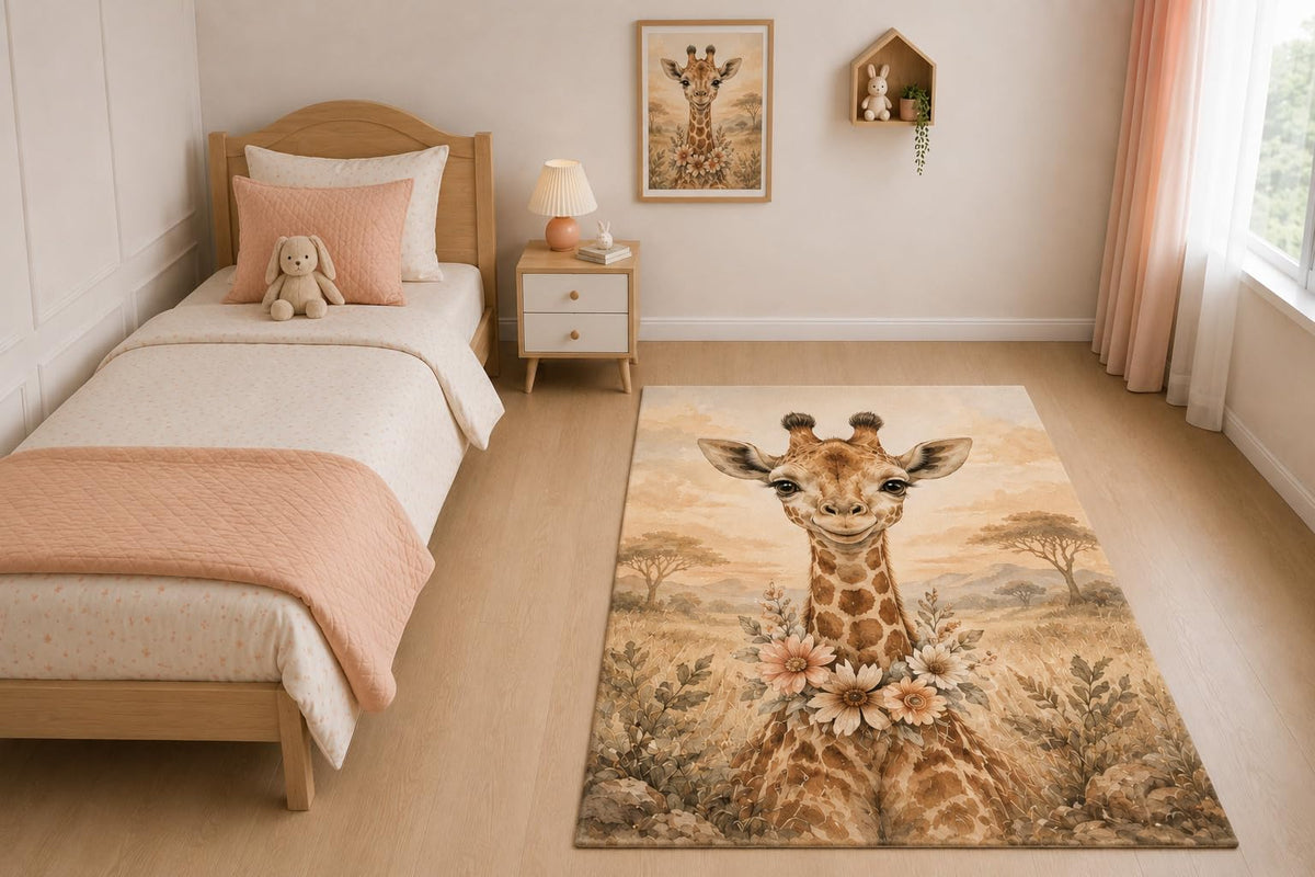 ICE ARMOR "Ultra Light Weight 5' x 7' Floral Safari Giraffe Area Rug for Living Room, Bedroom and Home Office, Soft Low Pile Carpet with Non-Slip Silicone Backing, Brown and Beige