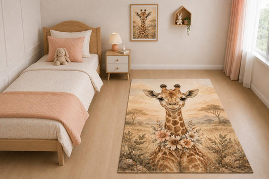 ICE ARMOR "Ultra Light Weight 5' x 7' Floral Safari Giraffe Area Rug for Living Room, Bedroom and Home Office, Soft Low Pile Carpet with Non-Slip Silicone Backing, Brown and Beige
