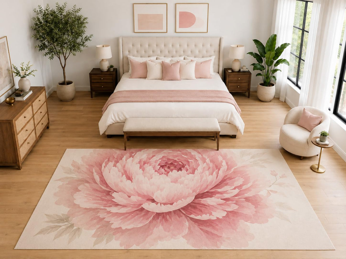 ICE ARMOR "Ultra Light Weight Large 6'7" x 9'10" Pink Peony Bloom Rug, Soft Low Pile Indoor Rug, Non-Slip Silicone Backing for Bedroom Pink