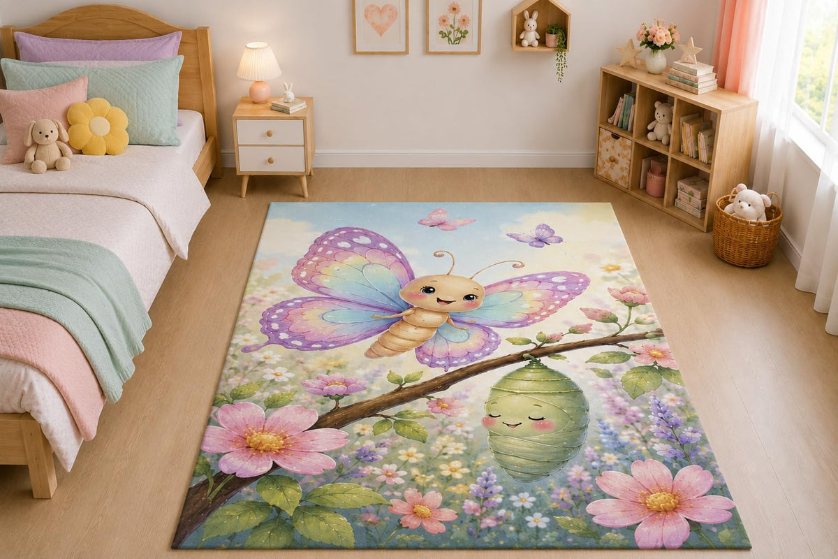 ICE ARMOR "Ultra Thin 5' x 7" Butterfly Cocoon Area Rug for Living Room, Bedroom and Home Office, Soft Low Pile Carpet with Non-Slip Silicone Backing, Pink and Purple