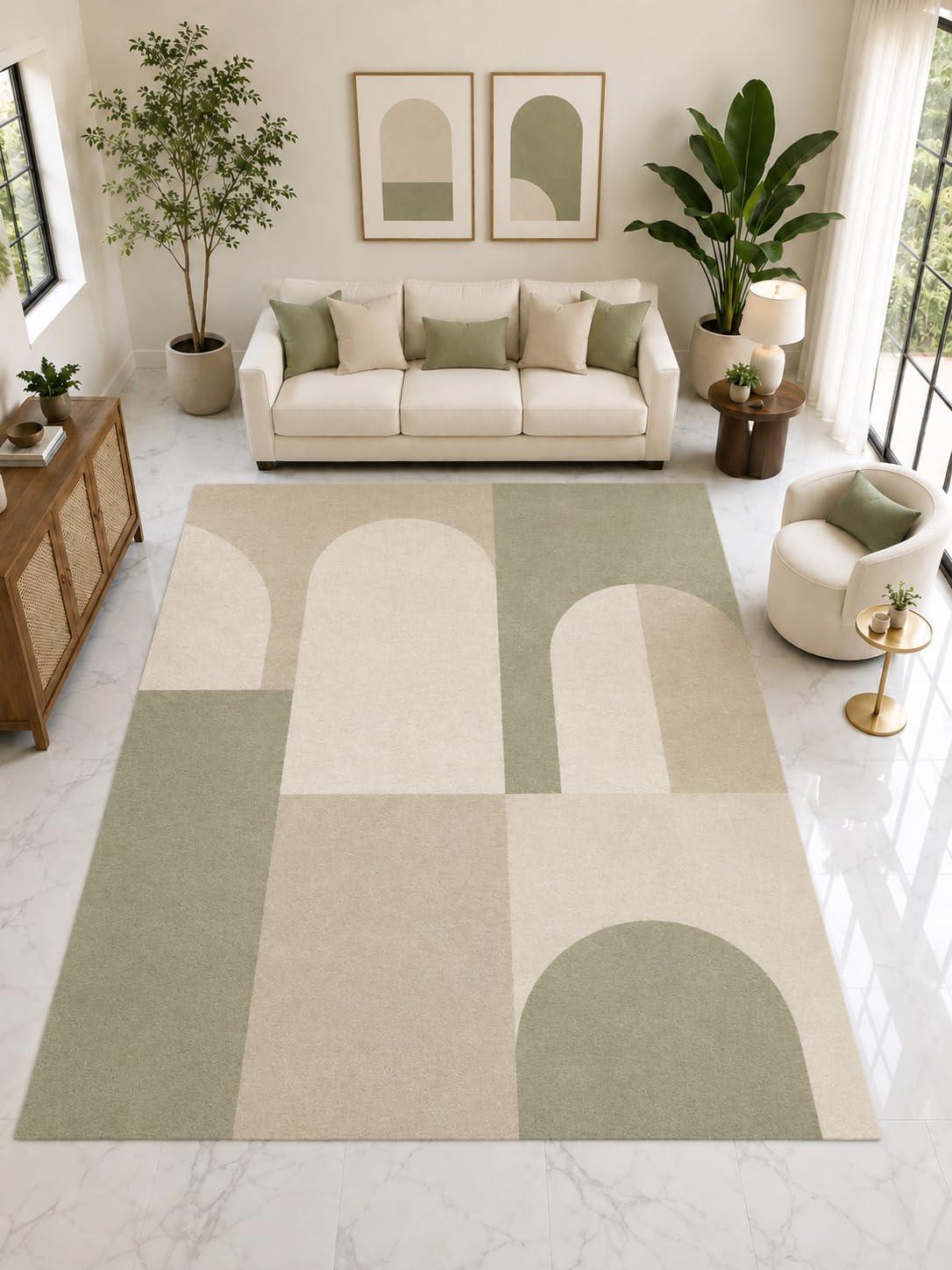 ICE ARMOR Large 6'7" x 9'10" Modern Curved Geometric Area Rug, Soft Low Pile Indoor Rug with Non-Slip Silicone Backing for Living Room, Beige Sage