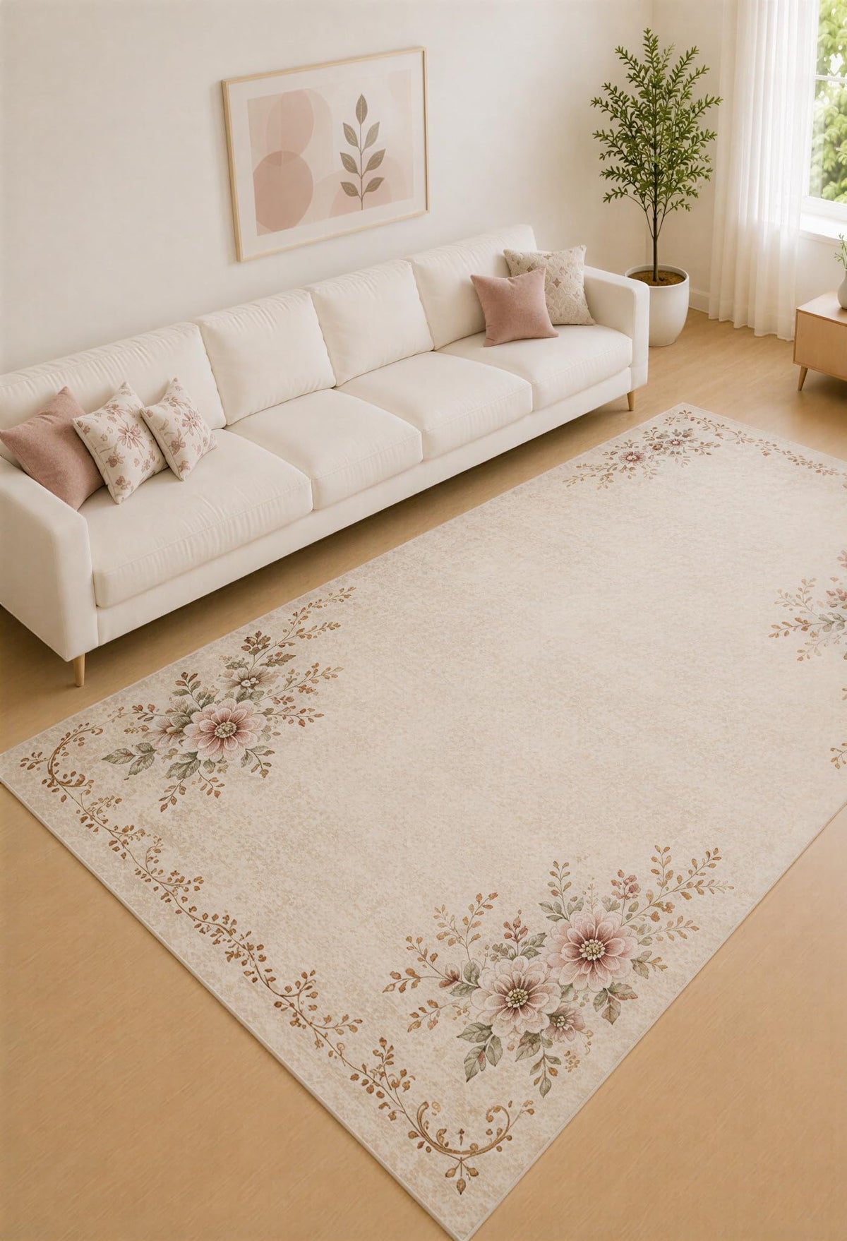 ICE ARMOR "Ultra Lightweight Large 6'7" x 9'10" Cream and Blush Vine Garden Border Area Rug for Living Room, Bedroom and Home Office, Soft Low Pile Carpet with Non-Slip Silicone Backing