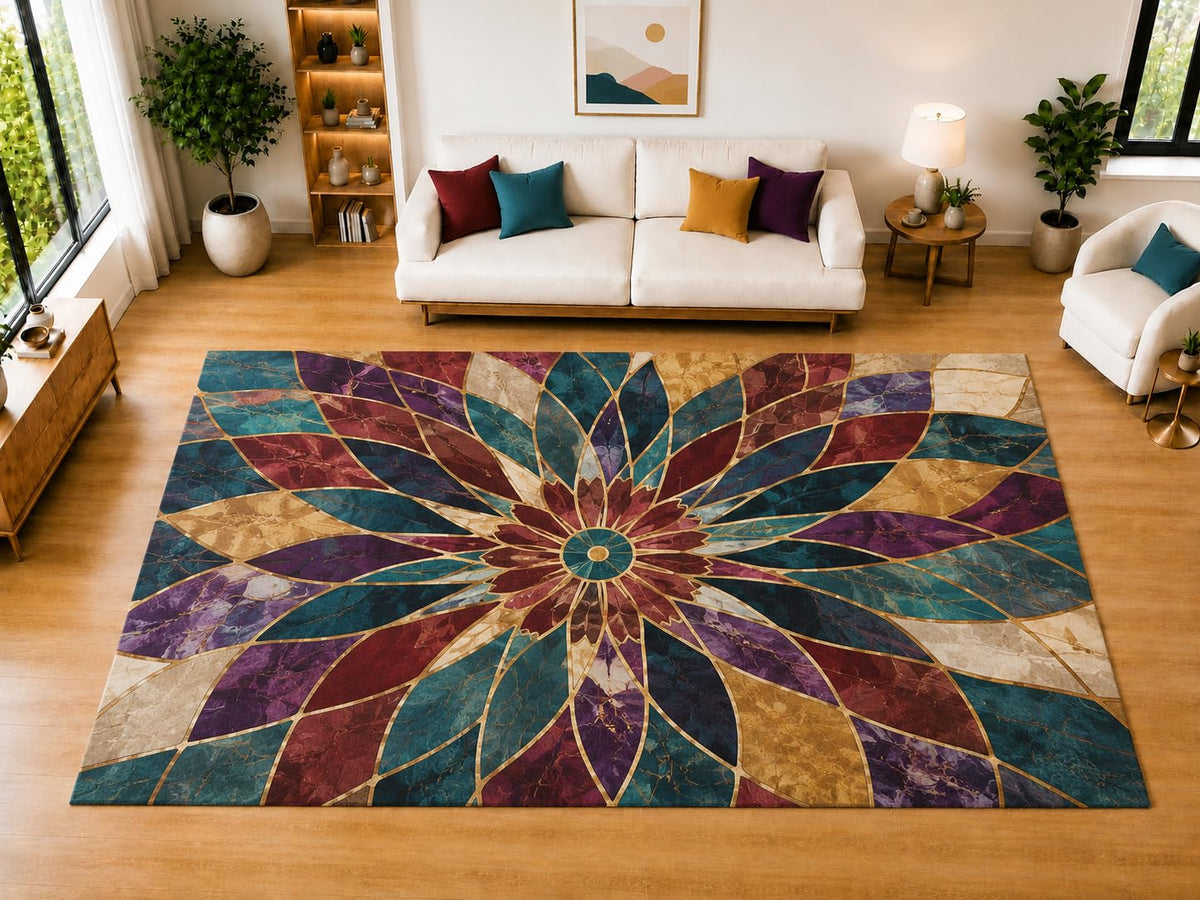 ICE ARMOR "Ultra Light Weight Large 6'7" x 9'10" Stained Glass Floral Area Rug for Living Room, Bedroom, Dining Room, Soft Low Pile Non-Slip Backing, Teal Burgundy Purple