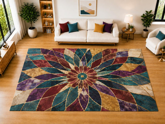 ICE ARMOR "Ultra Light Weight Large 6'7" x 9'10" Stained Glass Floral Area Rug for Living Room, Bedroom, Dining Room, Soft Low Pile Non-Slip Backing, Teal Burgundy Purple