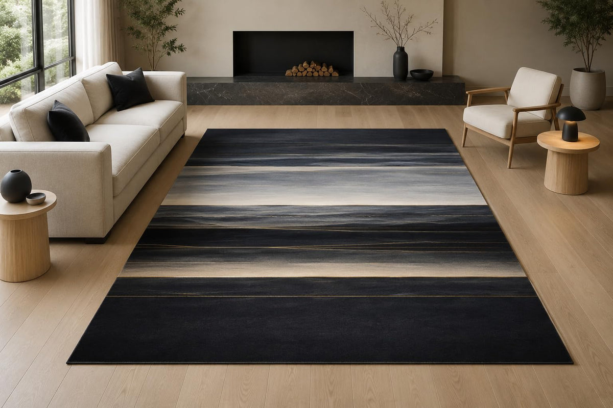 ICE ARMOR "Ultra Light Weight Large 6'7" x 9'10" Abstract Ombre Stripe Area Rug, Soft Low Pile Indoor Rug with Non-Slip Silicone Backing for Living Room, Black Gray
