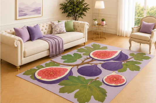 ICE ARMOR 5' x 7' Fig Orchard Area Rug, Modern Purple Fig Fruit Botanical Design with Green Leaves on Lavender Background, Soft Low Pile Carpet for Living Room Bedroom Kitchen Decor