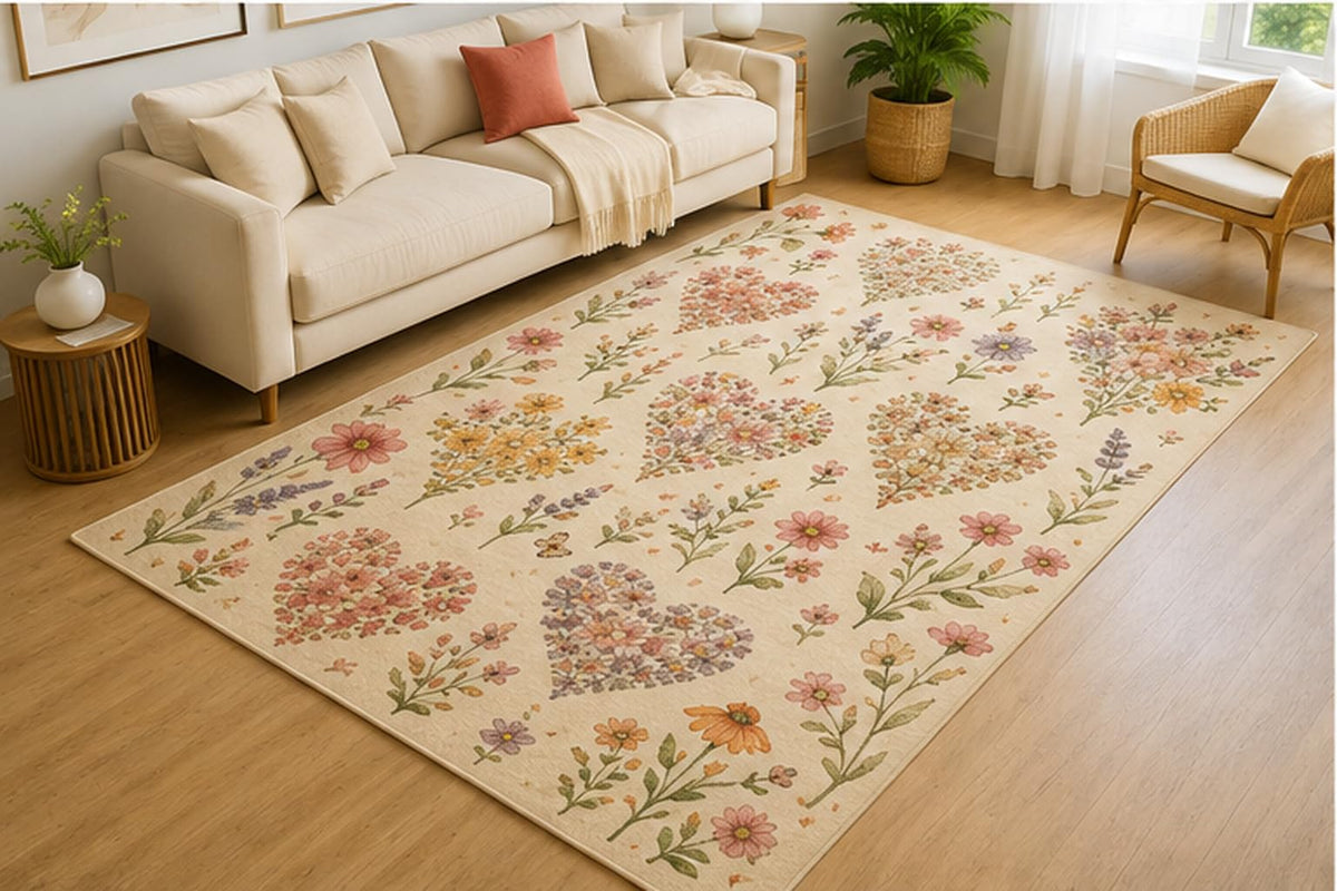 ICE ARMOR 5' x 7' Botanical Heart Garden Area Rug for Living Room, Soft Low Pile Indoor Rug with Non-Slip Silicone Backing, Decorative Carpet for Bedroom, Nursery, Kids Room, Kids & Pets