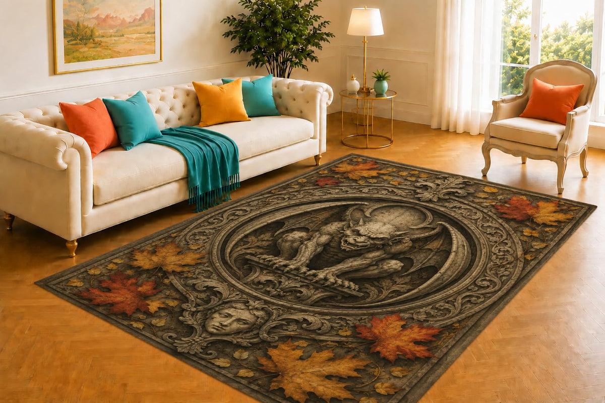 ICE ARMOR 5' x 7' Gargoyle Medallion Rug, Autumn Leaf and Stone Face Artwork, Smooth Printed Floor Cover for Foyer, Office, Library and Gothic Home Decor