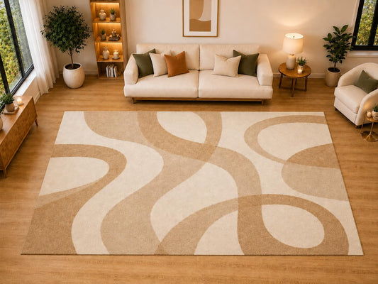 ICE ARMOR "Ultra Light Weight Large 6'7" x 9'10" Looping Ribbon Curves Area Rug for Living Room, Bedroom, Dining Room, Soft Low Pile Non-Slip Backing, Camel Ivory