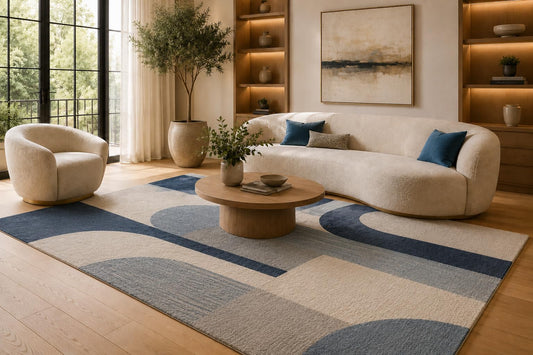 ICE ARMOR 6'7" x 9'10" Blue and Cream Modern Curved Shapes Area Rug for Living Room, Soft Low Pile Carpet with Non-Slip Silicone Backing, Floor Decor for Bedroom, Dining Area and Home Office