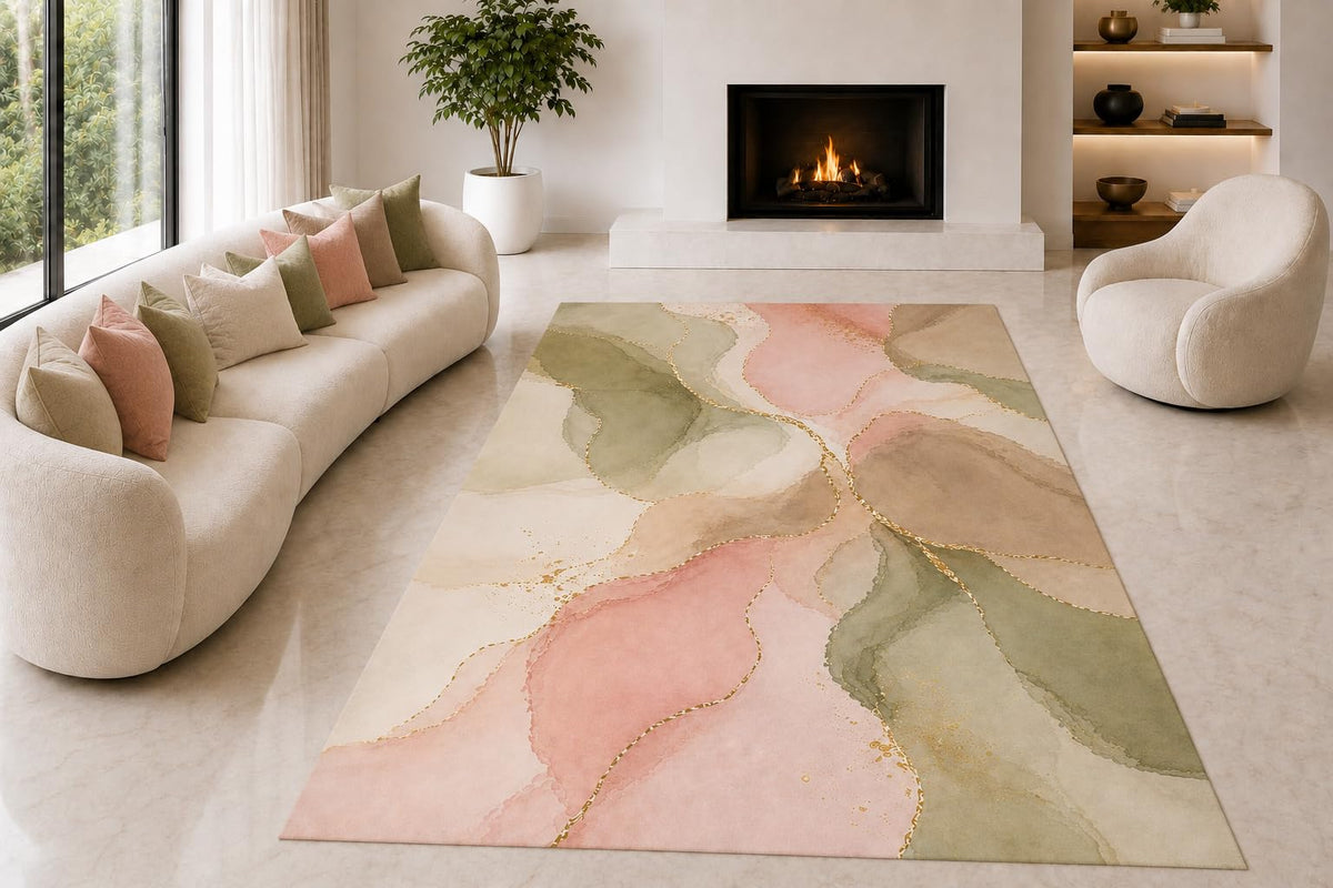 ICE ARMOR "Ultra Lightweight Large 6'7" x 9'10" Pastel Color Shapes Area Rug for Living Room, Bedroom and Home Office, Soft Low Pile Carpet with Non-Slip Silicone Backing, Blush and Sage