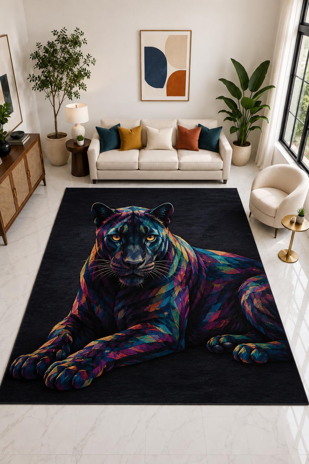 ICE ARMOR "Ultra Light Weight Large 6'7" x 9'10" Geometric Panther Rug, Soft Low Pile Indoor Rug, Non-Slip Silicone Backing for Bedroom Multicolor