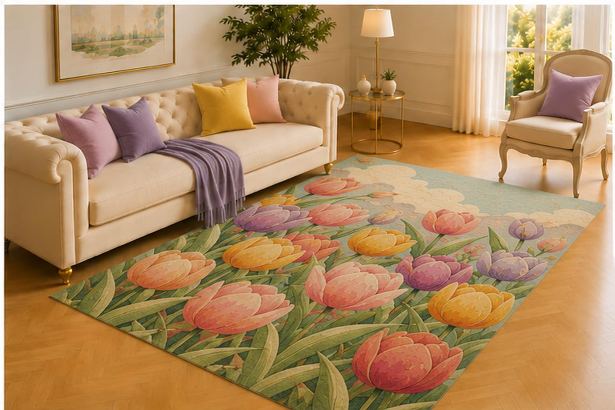 ICE ARMOR 5' x 7' Tulip Garden Rug, Pink, Peach, Yellow and Lavender Blooms Beneath Soft Clouds, Cheerful Floor Decor for Bedroom, Bright Sunroom or Nursery