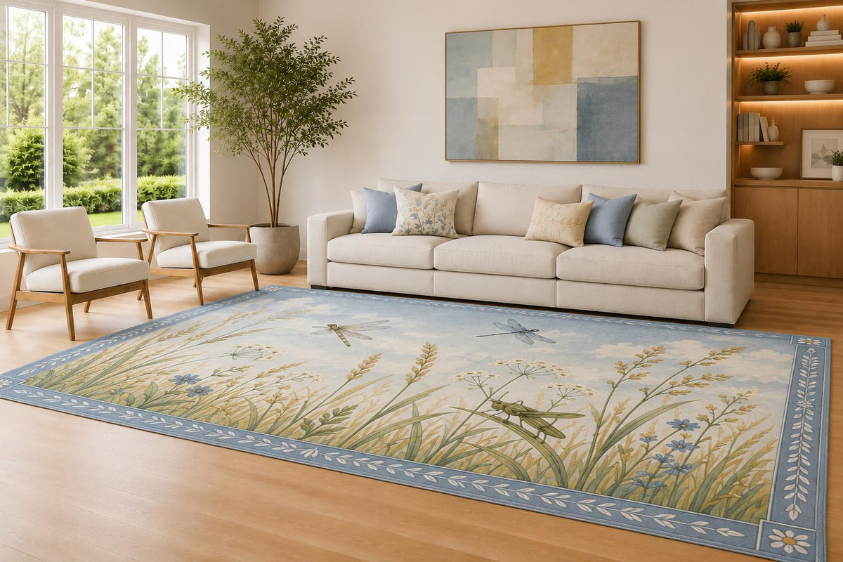 ICE ARMOR Large 6'7" x 9'10" Sky Blue and Beige Dragonfly Meadow Area Rug for Living Room, Soft Low Pile Carpet with Non-Slip Silicone Backing, Decor for Bedroom and Home Office