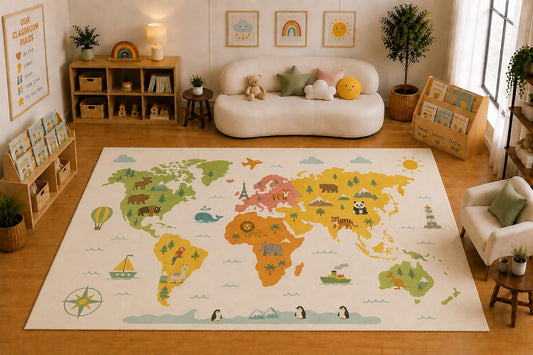 ICE ARMOR Large 6'7" x 9'10" World Map Animals Area Rug for for Kids Room, Classroom, Bedroom, Playroom Decor, Soft Low Pile Indoor Rug with Non-Slip Silicone Backing, Cream Multicolor