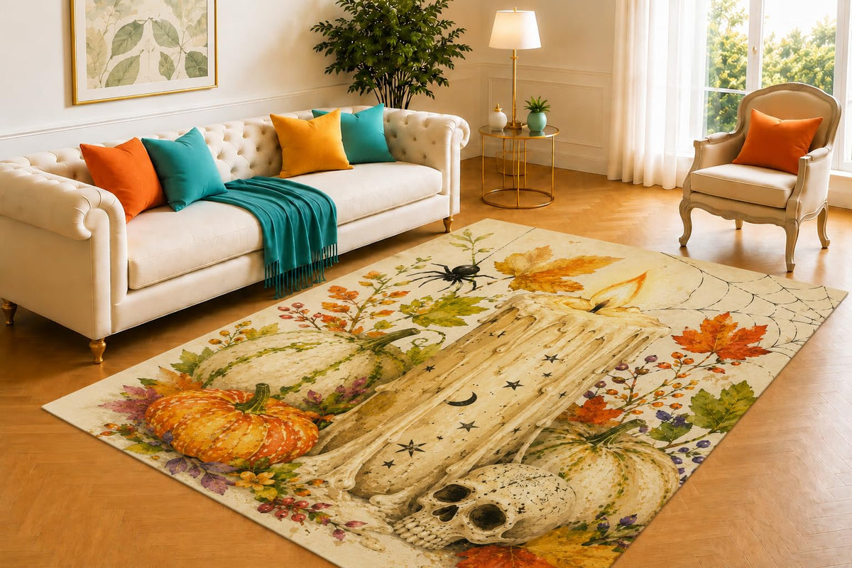 ICE ARMOR 5' x 7' Melting Candle Halloween Rug, Friendly Flame Face and Greenery Illustration, Charming Floor Mat for Porch, Entry, Bedroom and Festive Interior