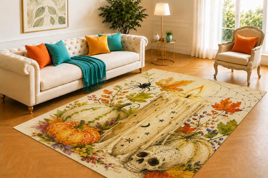 ICE ARMOR 5' x 7' Melting Candle Halloween Rug, Friendly Flame Face and Greenery Illustration, Charming Floor Mat for Porch, Entry, Bedroom and Festive Interior