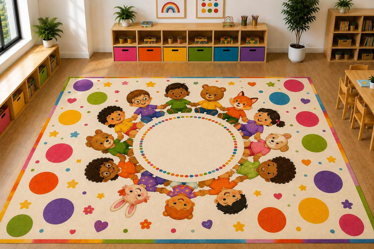 ICE ARMOR Large 6'7" x 9'10" Friendship Circle Kids Area Rug, Soft Low Pile Indoor Rug with Non-Slip Silicone Backing for Playroom, Nursery, Ivory