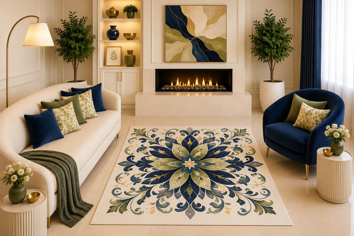 ICE ARMOR "Ultra Light Weight 5' x 7' Navy Olive Floral Mandala Area Rug Elegant Botanical Medallion Living Room Bedroom Dining Room Non-Slip Silicone Backing Low Pile