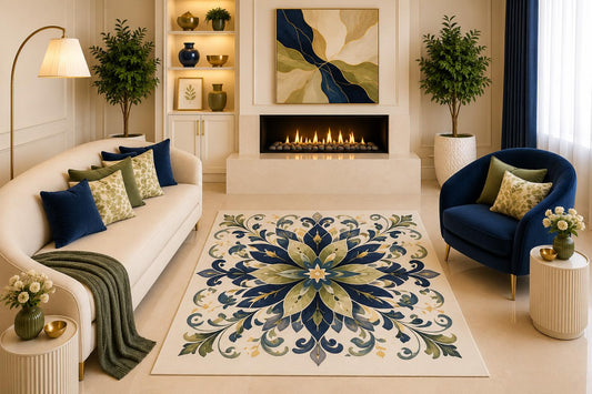 ICE ARMOR "Ultra Light Weight 5' x 7' Navy Olive Floral Mandala Area Rug Elegant Botanical Medallion Living Room Bedroom Dining Room Non-Slip Silicone Backing Low Pile