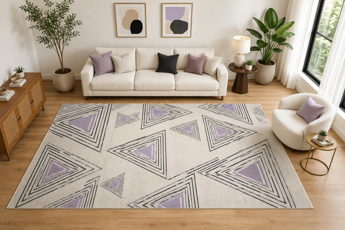 ICE ARMOR Large 6'7" x 9'10" Layered Triangle Line Area Rug for for Bedroom, Living Room, Soft Low Pile Indoor Rug with Non-Slip Silicone Backing, Ivory Lavender Charcoal