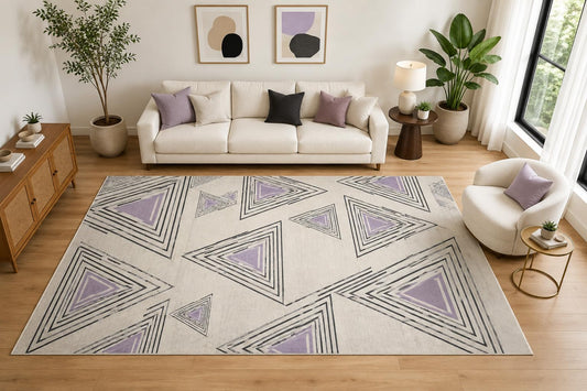 ICE ARMOR Large 6'7" x 9'10" Layered Triangle Line Area Rug for for Bedroom, Living Room, Soft Low Pile Indoor Rug with Non-Slip Silicone Backing, Ivory Lavender Charcoal