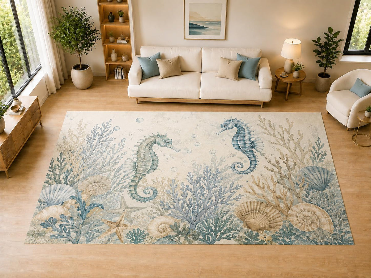 ICE ARMOR "Ultra Light Weight Large 6'7" x 9'10" Seahorse Coral Coastal Decor, Living Room, Bedroom, Dining Room, Office, Family Room, Soft Low Pile Indoor Rug, Non-Slip Silicone Backing, Blue