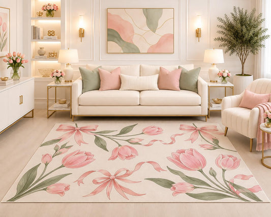 ICE ARMOR "Ultra Light Weight 5' x 7' Pink Tulip Bow Floral Area Rug, Romantic Botanical Cottagecore Rug for Living Room Bedroom Nursery, Non-Slip Silicone Backing Low Pile